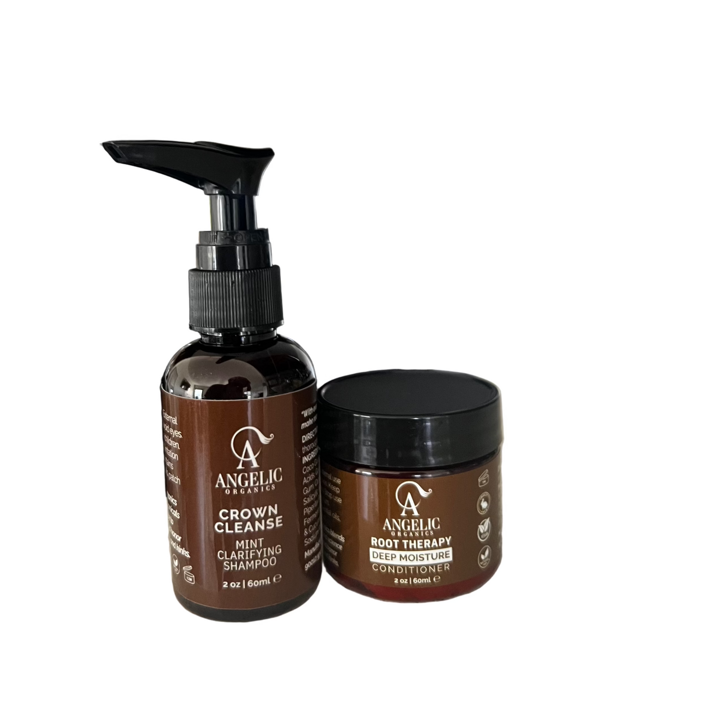 Two travel size plant-based mini clarifying shampoo pump bottle and deep moisture conditioner in a PET jar for on the go haircare supplies