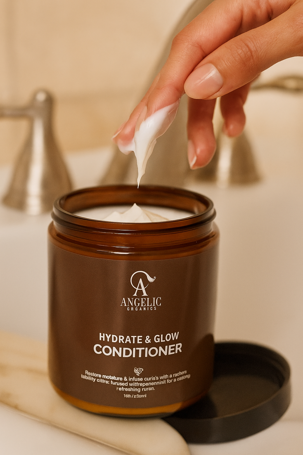 Angelic Organics plant-based deep moisture conditioner on beige background