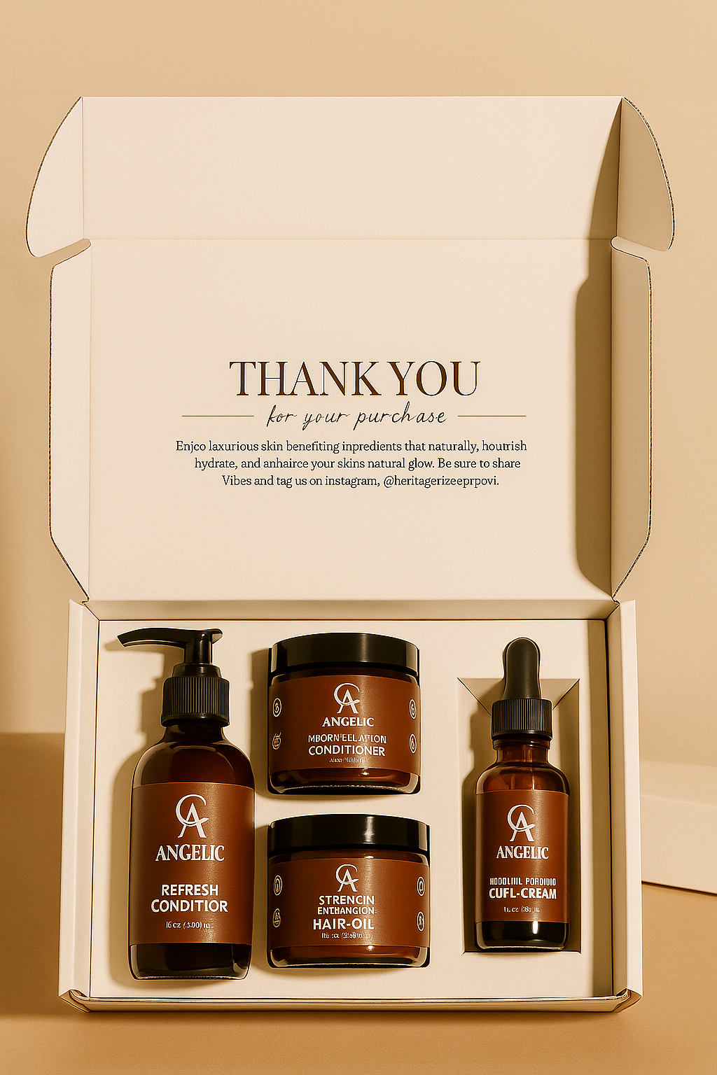 Set of Angelic Organics travel-size and gift set hair care products on a beige background