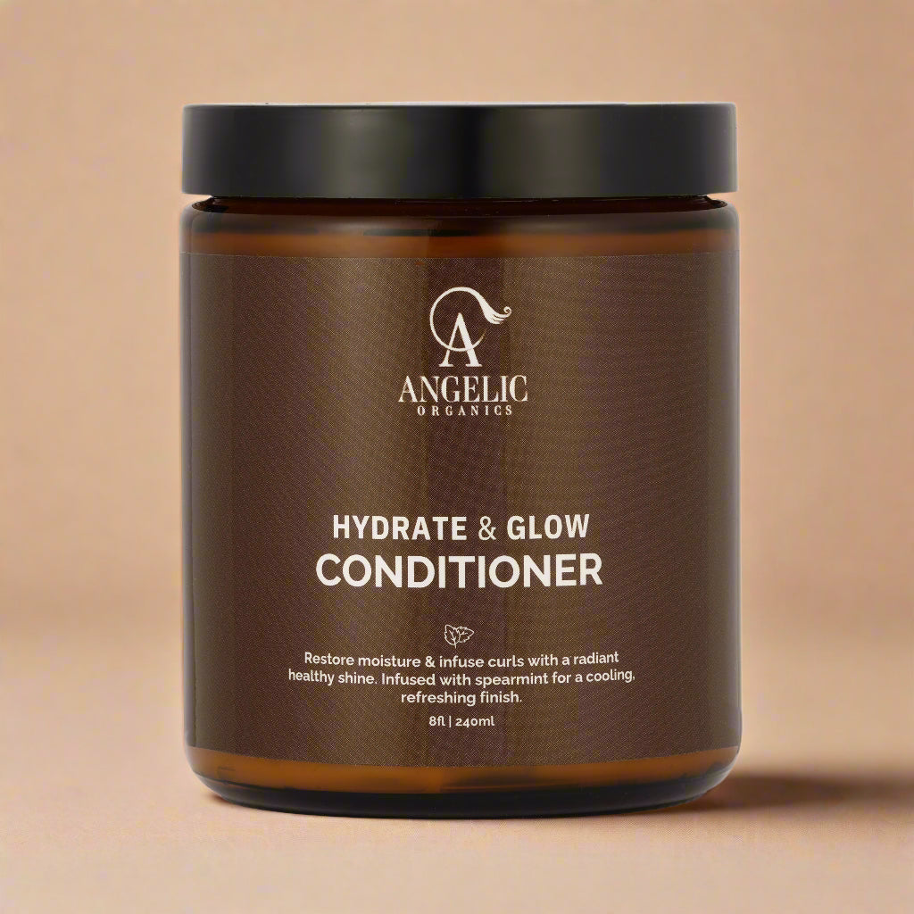 Angelic Organics plant-based deep moisture conditioner on beige background