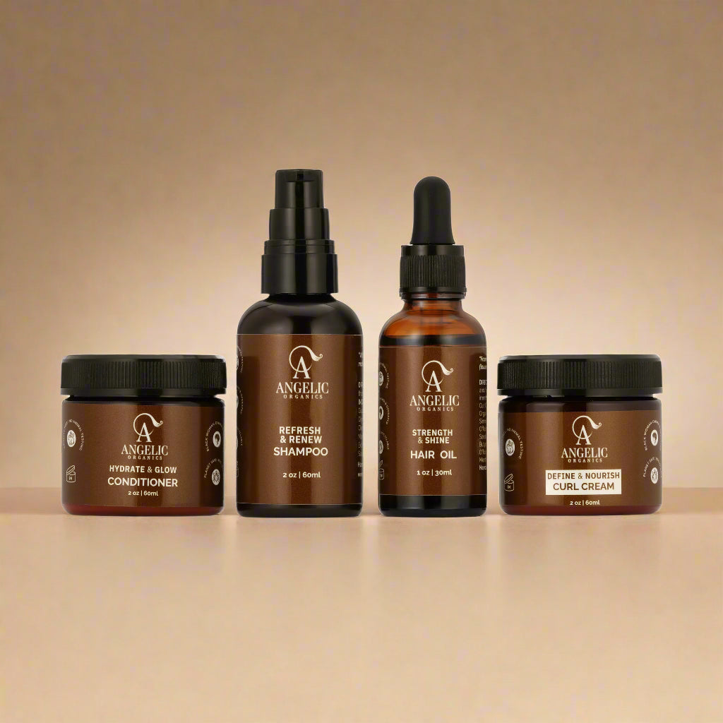 Set of Angelic Organics travel-size and gift set hair care products on a beige background