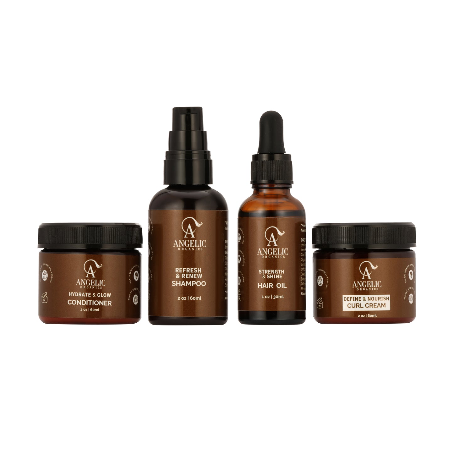 Set of Angelic Organics travel-size and gift set hair care products on a white background