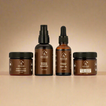 Set of Angelic Organics travel-size and gift set hair care products on a beige background
