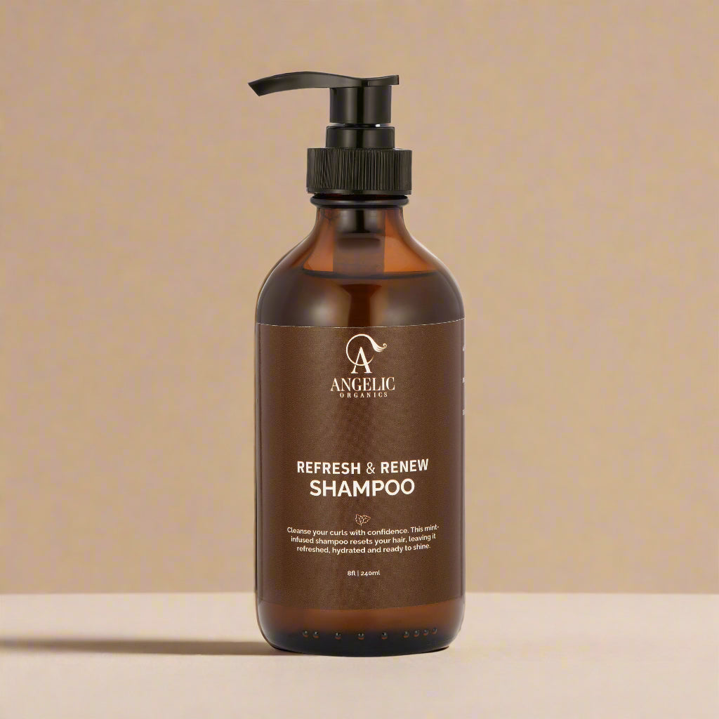Brown Shampoo bottle on a cream colored backdrop
