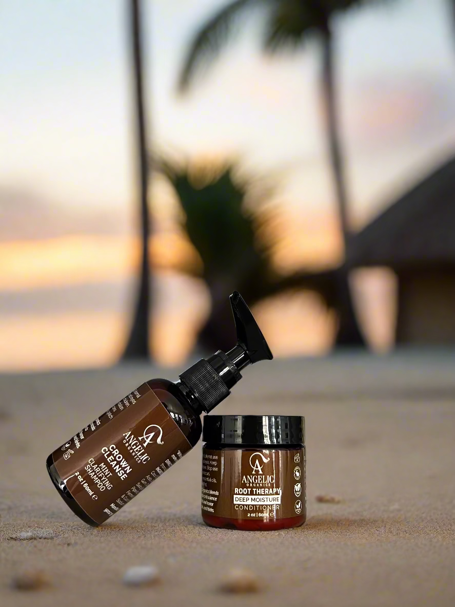 Two travel size plant-based mini clarifying shampoo pump bottle and deep moisture conditioner in a PET jar for on the go haircare supplies