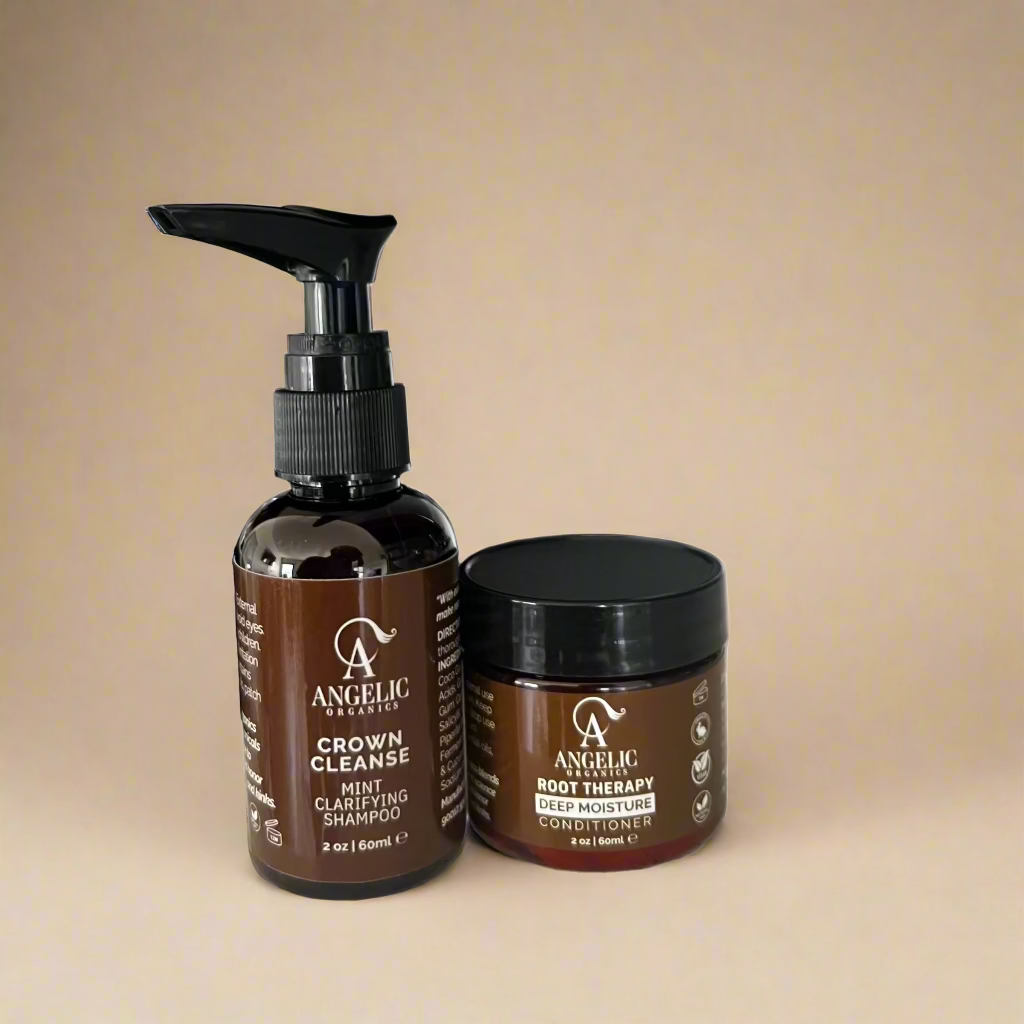 Two travel size plant-based mini clarifying shampoo pump bottle and deep moisture conditioner in a PET jar for on the go haircare supplies